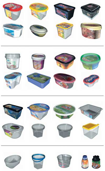 Образцы декорирования вплавляемыми этикетками пластиковой упаковки разной формы 